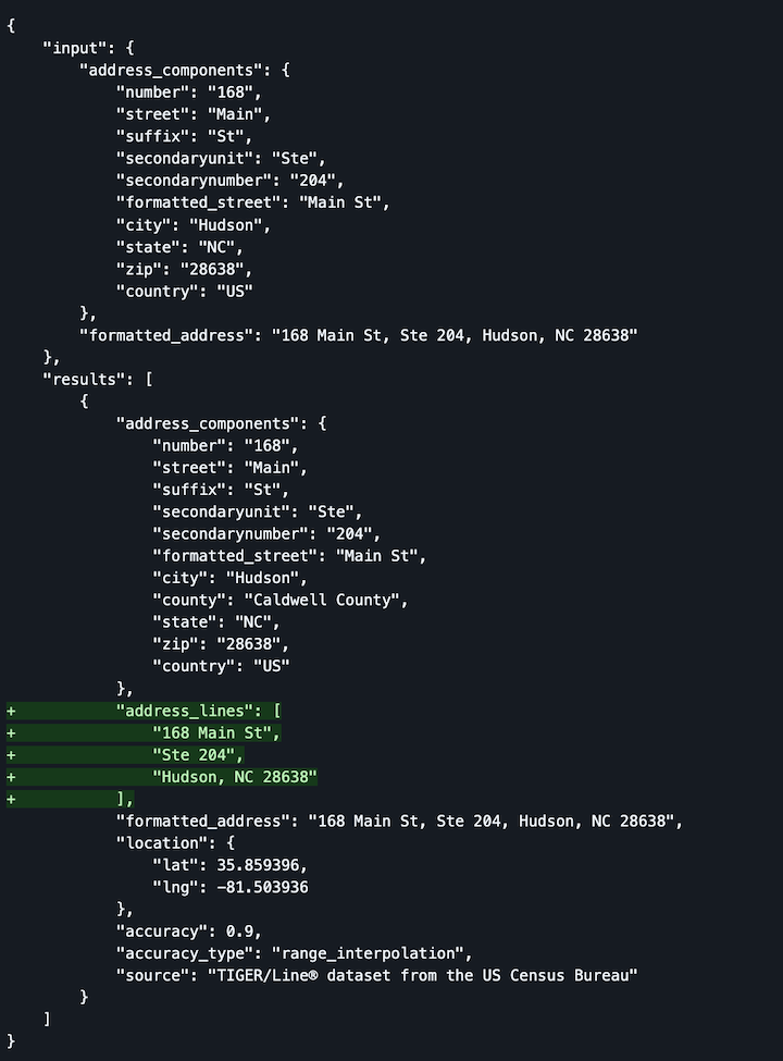 Raw JSON response with the new address_lines field highlighted