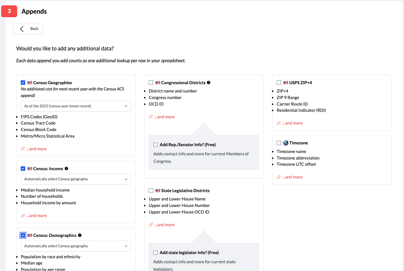 upload page - census geography selection options