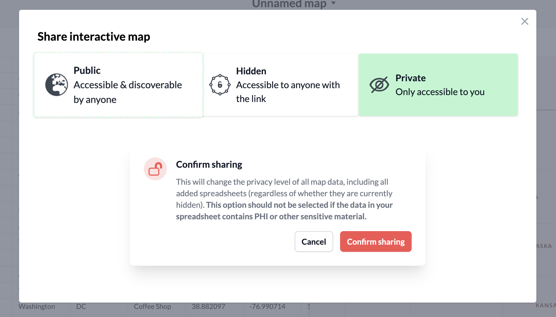 Screenshot of share confirmation