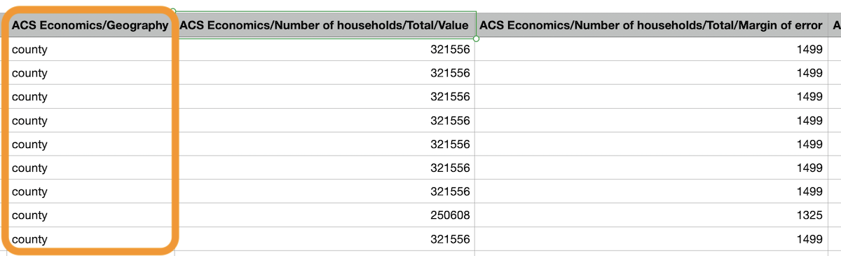 Highlighted Example of ACS Geography Column