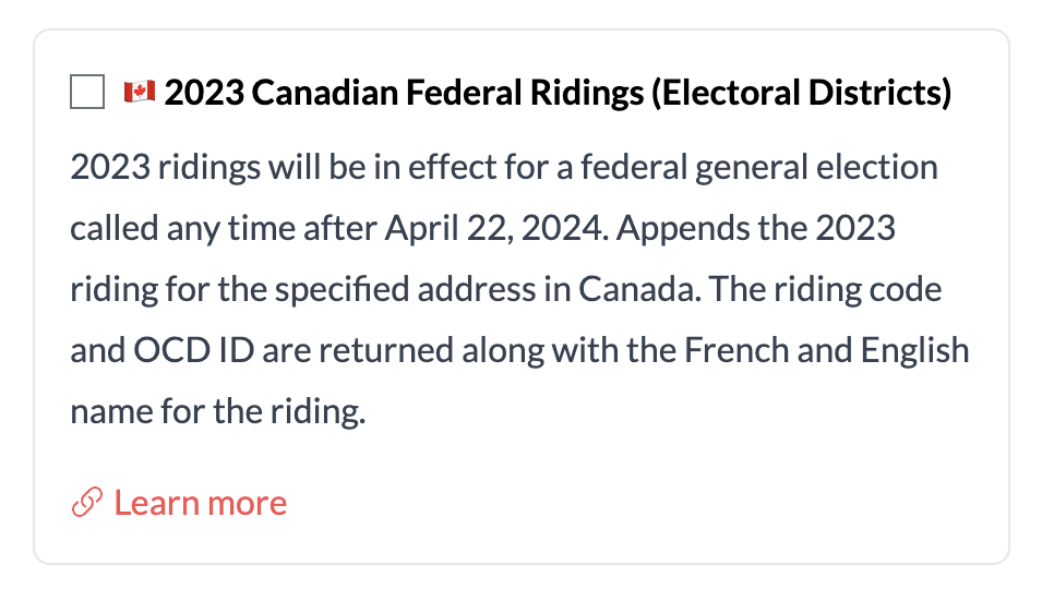 Screenshot of Canadian ridings on the upload page