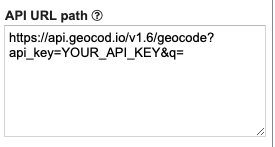 Showing https://api.geocod.io/v1.9/geocode?api_key=YOUR_API_KEY&q= in API URL Path box