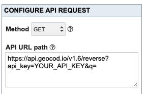 Showing https://api.geocod.io/v1.9/reverse?api_key=YOUR_API_KEY&q= in API URL Path box