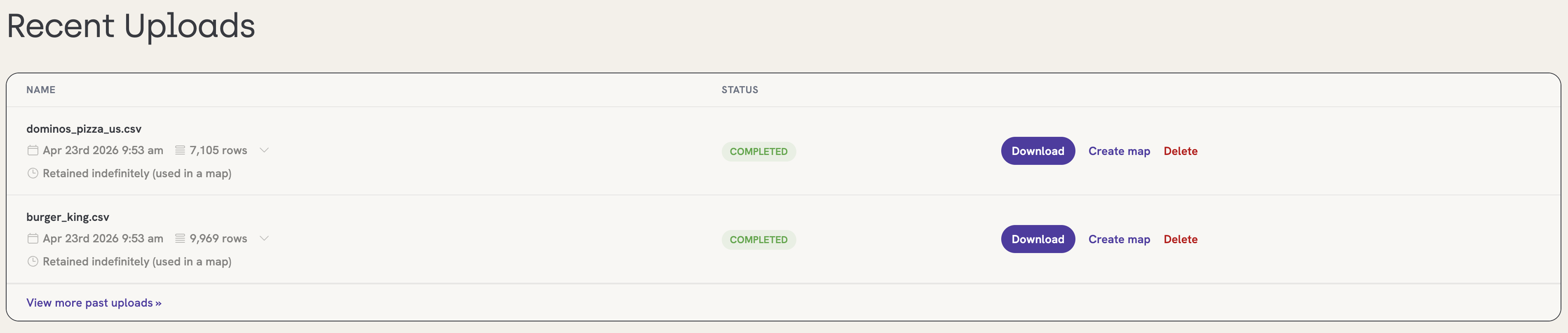 Screenshot of Uploads Page