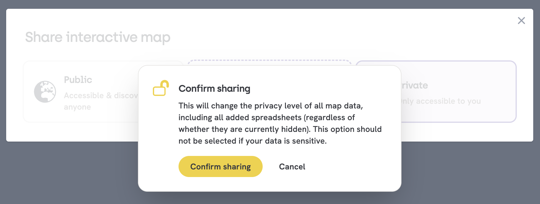 Warning regarding public sharing of maps
